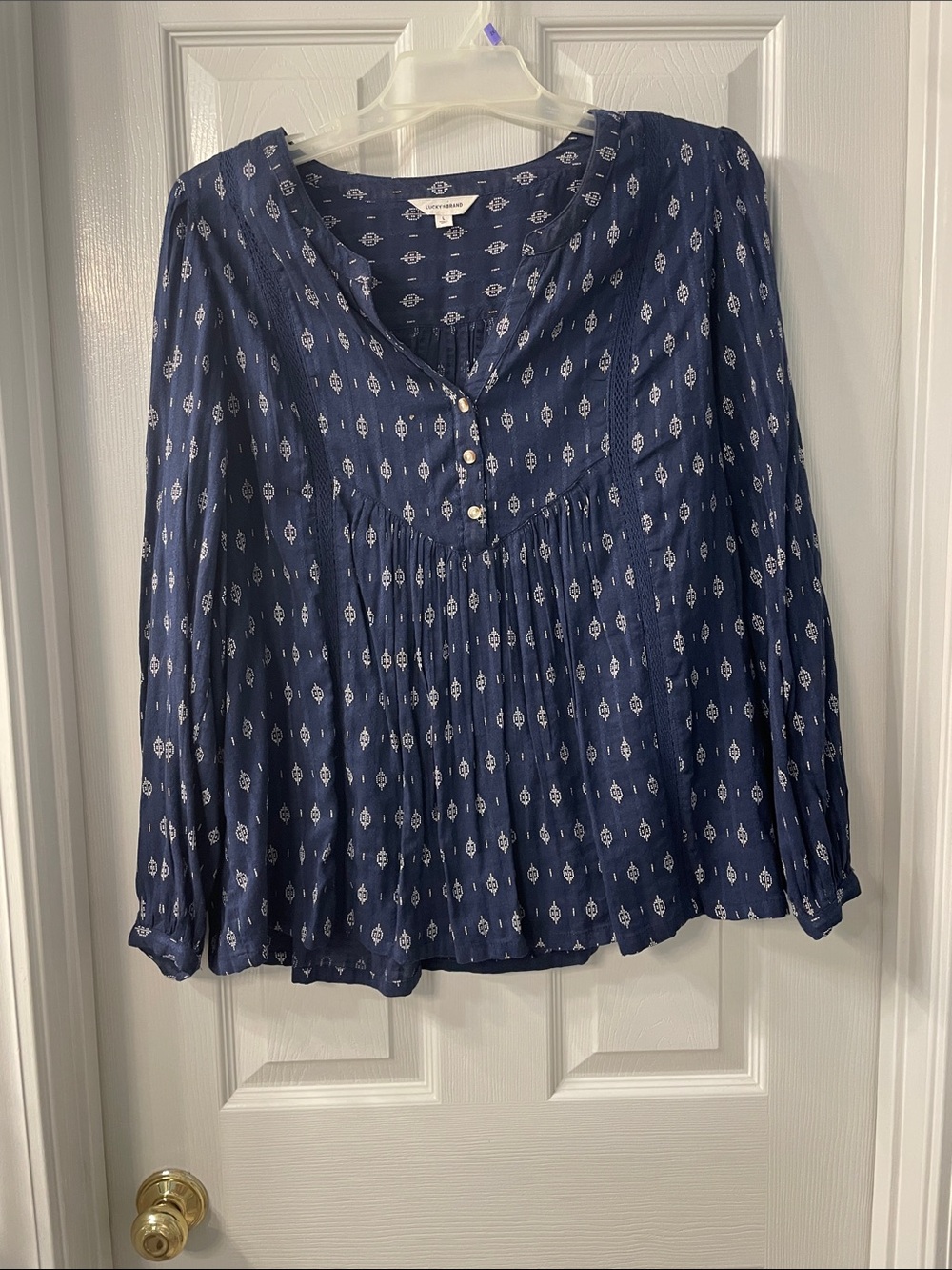 Lucky Brand Navy Blue Printed Peasant Top